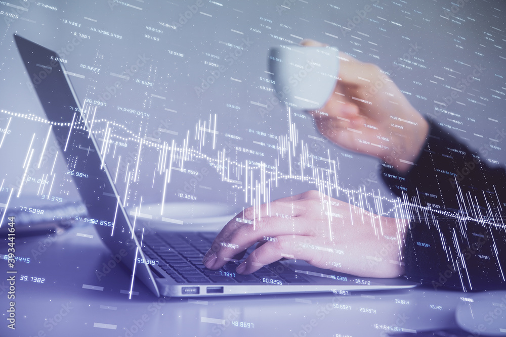 Double exposure of businesswoman hands typing on computer and forex graph hologram drawing. Financial analysis concept. Double exposure of businesswoman hands typing on computer and forex graph hologram drawing. Financial analysis concept.