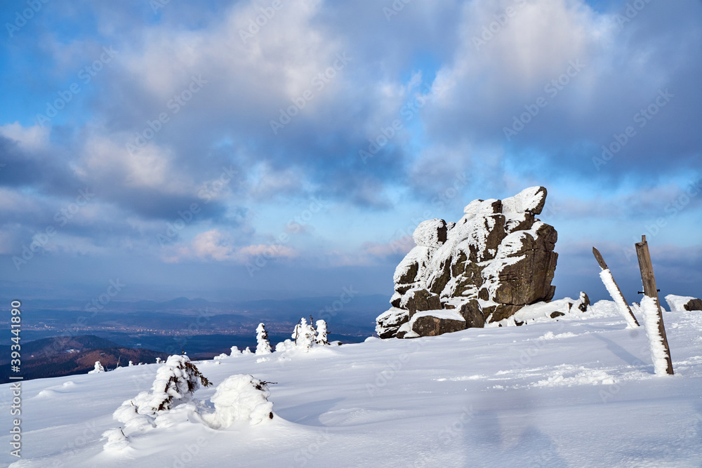  rock and snow-covered tourist trail in the Giant Mountains