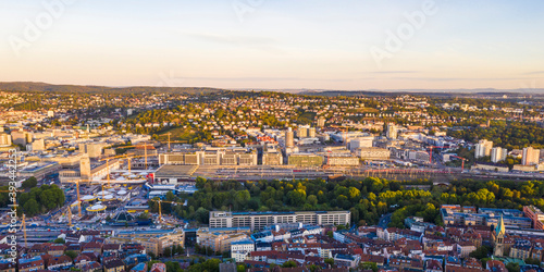 Germany, Baden-Wurttemberg, Stuttgart, Aerial panorama of Kernerviertel neighborhood at dusk photo