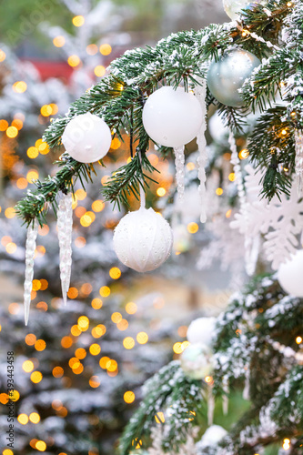 Outdoor Christmas tree with white Snowflakes and Decoration