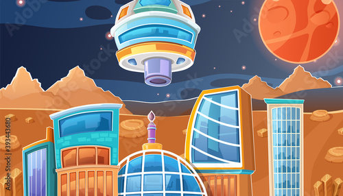 Mars Colonization. Red planet with landscape and buildings. Vector illustration