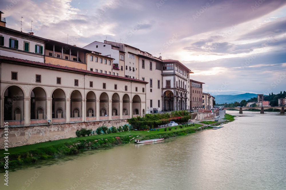 The Uffizi Gallery with the river Arno in Florence, Italy