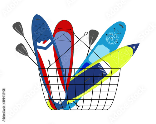 Paddle boards in a shopping basket isolated illustration.