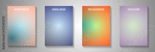 Trendy point perforated halftone front page templates vector batch. Corporate journal faded 