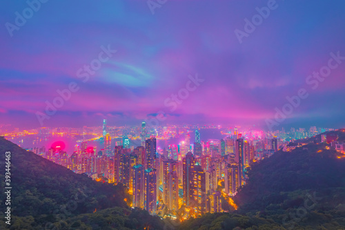 Futuristic vaporwave look at Hong Kong from Victoria Peak at night photo