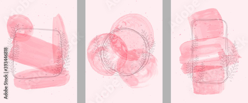 Vector illustration. Abstract contemporary backgrounds set. Design for poster, postcard, invitation card, flyer, brochure cover. Watercolor painting. Hand painted frame. Pink pastel floral style.