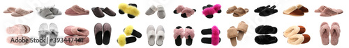 Collage with different slippers on white background. Banner design