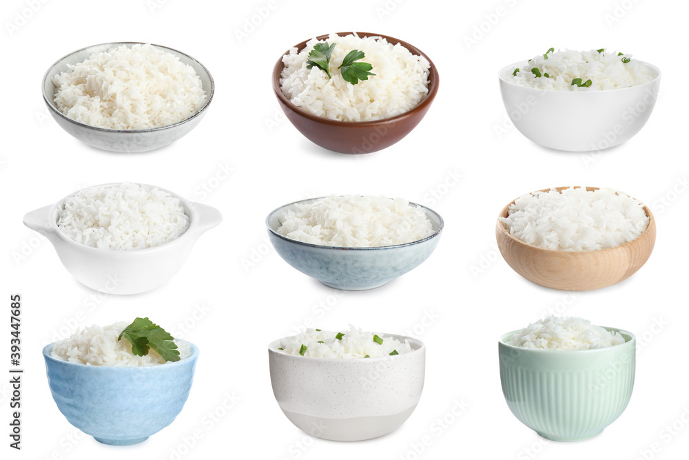 Set of bowls with cooked rice isolated on white Set of bowls with cooked rice isolated on white