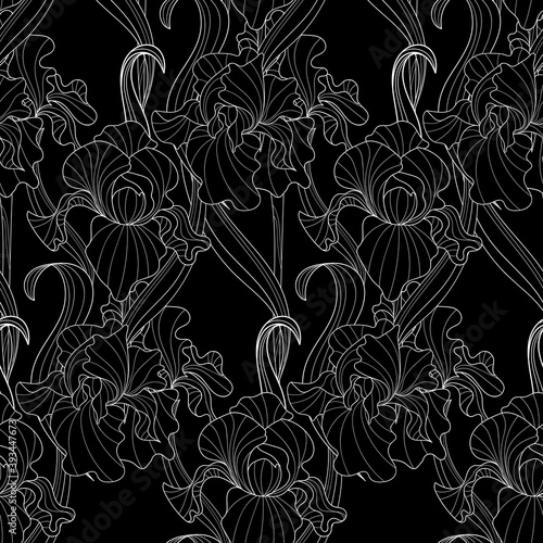 seamless pattern of flowers and leaves of monochrome irises in vintage style Art Nouveau and Art Deco. Exquisite botanical background. Hommage Victorian fabric design