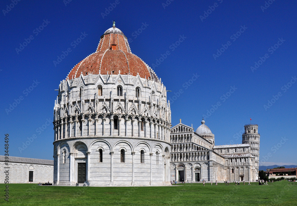 A view of the Baptistry at Pisa. The baptistry is one of the 4 structures that comprise the Duomo at Pisa. In it's own right the baptistry is a structure of great beauty and architectural detail.