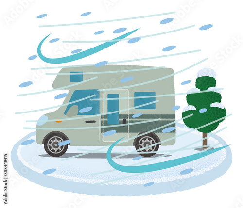 吹雪の被害に遭うキャンピングカーのベクターイラスト