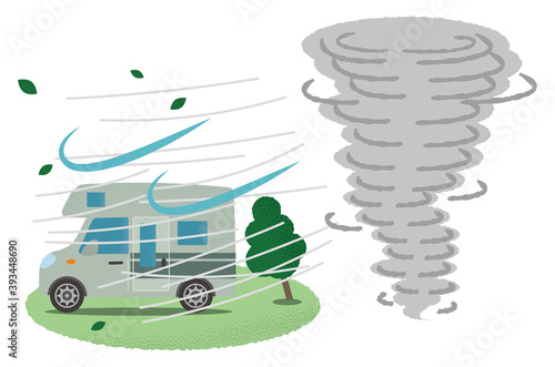 竜巻の被害に遭うキャンピングカーのベクターイラスト