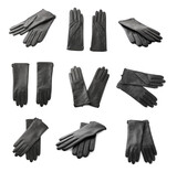 Set of black leather gloves on white background