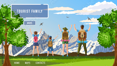 Family tourists with backpacks enjoy nature rear view. Cartoon flat style vector illustration
