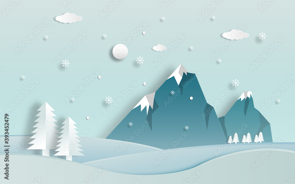 Fototapeta premium Winter scenery landscape with snowy mountains, pines trees and hills in paper cut craft style design, vector illustration for winter sale banner, winter holiday banner, winter travel poster. 
