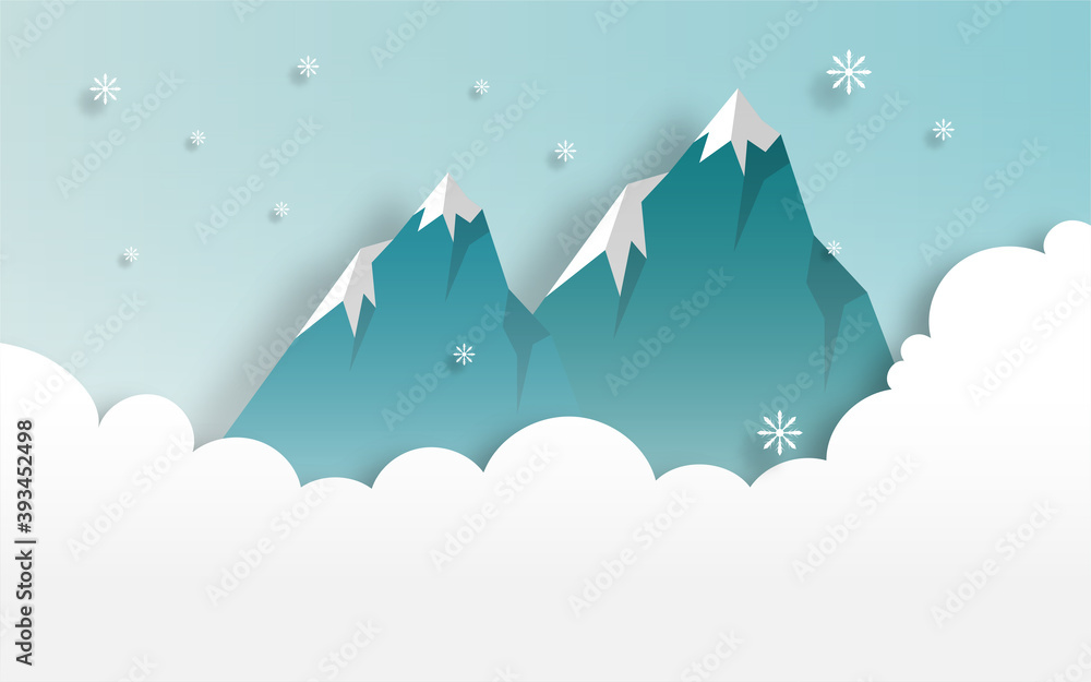 Winter scenery landscape with snowy mountains, pines trees and hills in paper cut craft style design, vector illustration for winter sale banner, winter holiday banner, winter travel poster.
Winter scenery landscape with snowy mountains, pines trees and hills in paper cut craft style design, vector illustration for winter sale banner, winter holiday banner, winter travel poster.