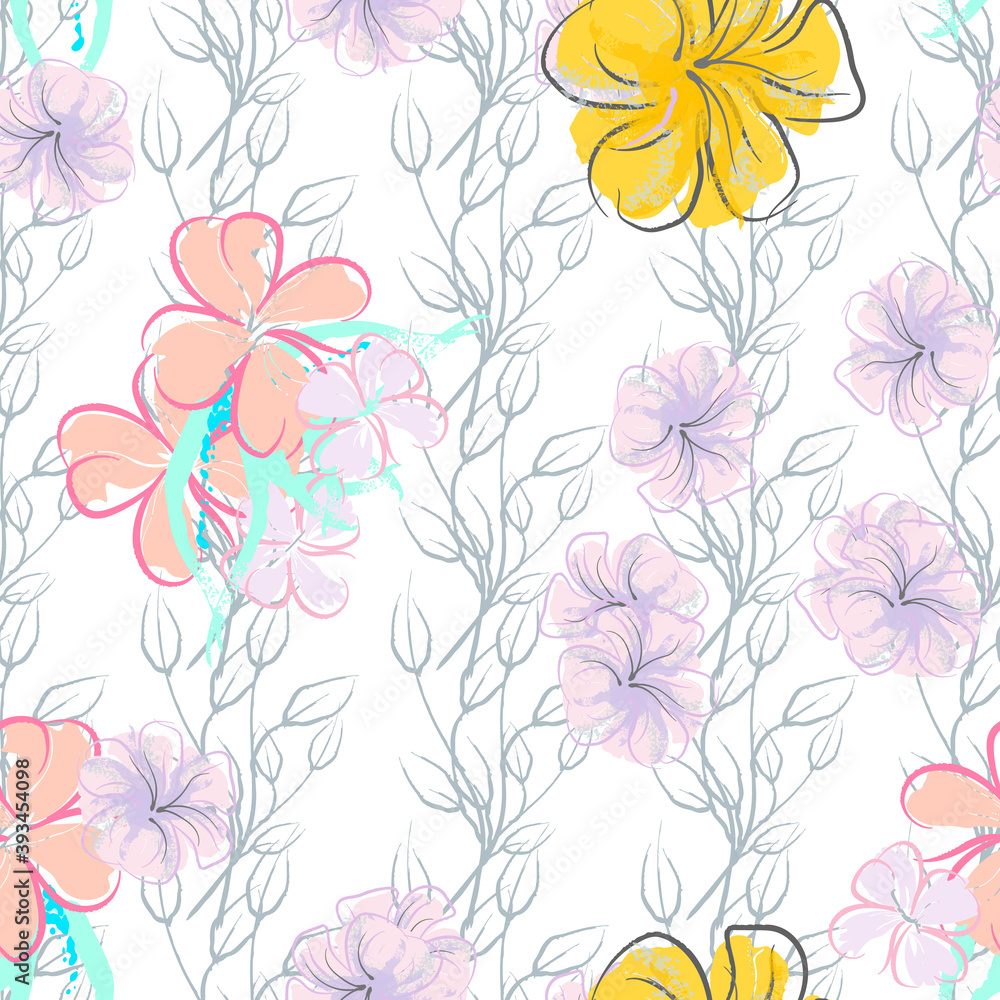 Pink Flowers Blooming Pattern. Pastel Watercolor. Pink Flowers Blooming Pattern. Pastel Watercolor.