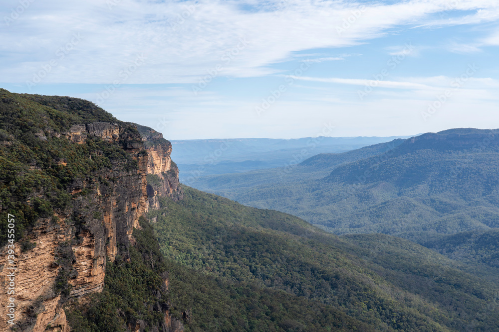 View of the Blue Mountains with blue sky and clouds in NSW, Australia
