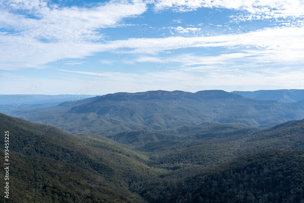 View of the Blue Mountains with blue sky and clouds in NSW, Australia