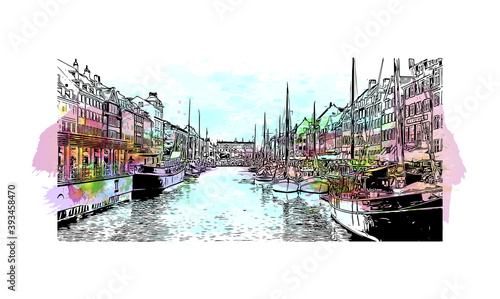 Building view with landmark of Copenhagen is the capital and most populous city of Denmark. Watercolour splash with hand drawn sketch illustration in vector.