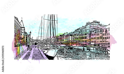 Building view with landmark of Copenhagen is the capital and most populous city of Denmark. Watercolour splash with hand drawn sketch illustration in vector.