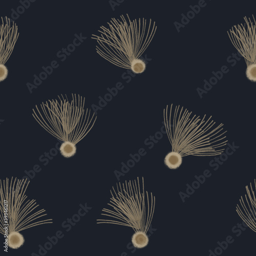 Seamless texture of pine needles. Hand drawn sketch painting on deep blue background.