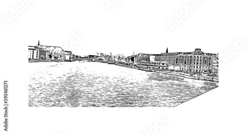 Building view with landmark of Copenhagen is the capital and most populous city of Denmark. Hand drawn sketch illustration in vector.