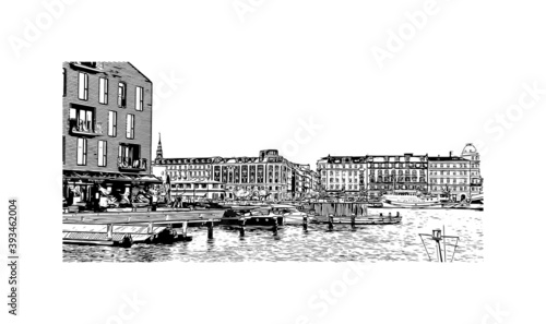 Building view with landmark of Copenhagen is the capital and most populous city of Denmark. Hand drawn sketch illustration in vector.