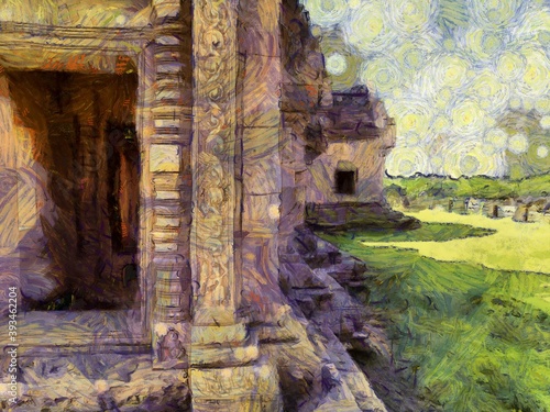 Landscape of ancient stone castle in Thailand Illustrations creates an impressionist style of painting.