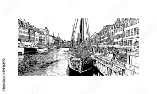 Building view with landmark of Copenhagen is the capital and most populous city of Denmark. Hand drawn sketch illustration in vector.
