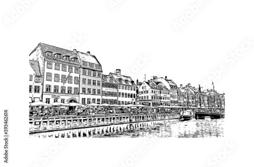 Building view with landmark of Copenhagen is the capital and most populous city of Denmark. Hand drawn sketch illustration in vector.