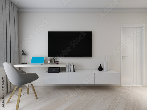 elegant and spacious bedroom design of modern apartment, overcoat cabinet beside the big bed, with dressing table and green plants