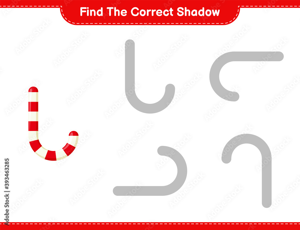 Find the correct shadow. Find and match the correct shadow of Candy Canes. Educational children game, printable worksheet, vector illustration Find the correct shadow. Find and match the correct shadow of Candy Canes. Educational children game, printable worksheet, vector illustration