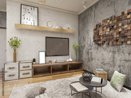 Wallpaper Mural clean and tidy modern living room design, entrance with shoe cabinet, sofa, TV, table, leisure chair and other facilities Torontodigital.ca