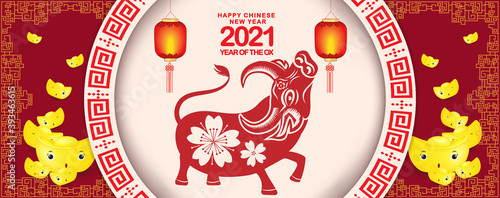 Banner design with gold ingots, Chinese text Happy New Year on red background. Vector illustration. Concept for 2021 holiday