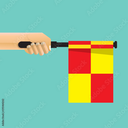 Hand holding referee flag isolated on background vector illustration.
