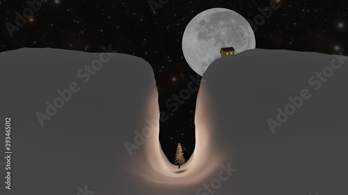 Vászonkép A pine tree in a defile and a house on defile top with star field and full moon