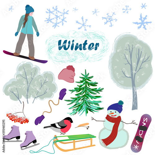 Set of wintertime elements. Winter seasonal objects and activities.