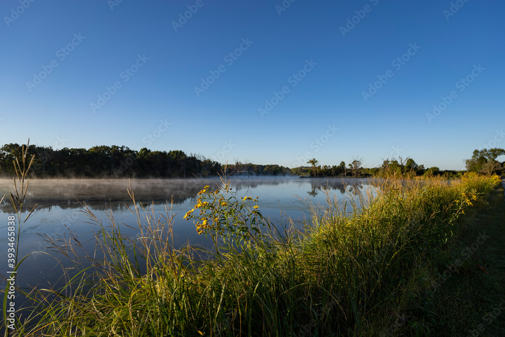 foggy lake in  morning