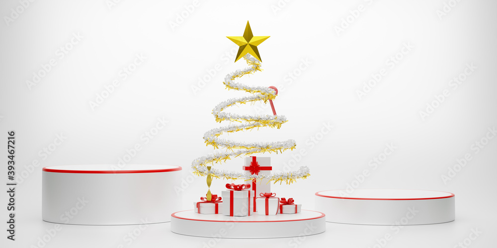 Podium empty and Christmas tree with gift box and ornaments in white composition for modern stage display and minimalist mockup ,Concept Christmas and a festive New Year, 3d illustration or 3d render Podium empty and Christmas tree with gift box and ornaments in white composition for modern stage display and minimalist mockup ,Concept Christmas and a festive New Year, 3d illustration or 3d render