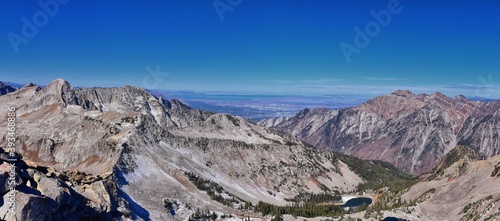 View of Pfeifferhorn peak and Lone Peak Wilderness mountain landscape from White Baldy and Pfeifferhorn trail, towards Salt Lake Valley, Wasatch Rocky mountain range, Utah, United States. © Jeremy