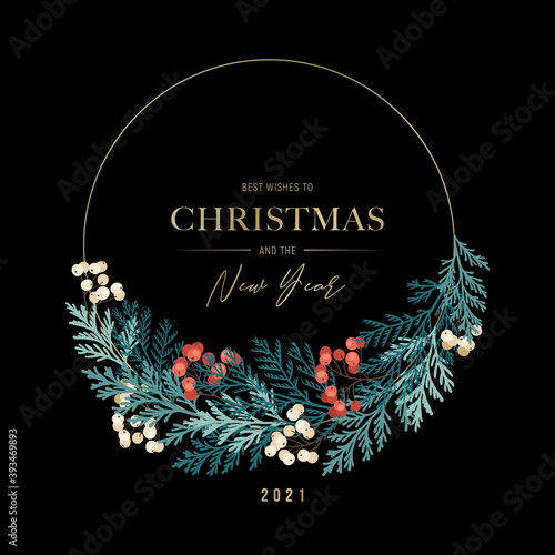 Christmas gold frame with holly berries and fir branches. Xmas and happy new year postcard. Vector illustration, holiday invitation.