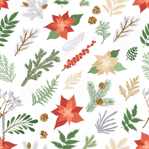 Christmas seamless pattern with plants and flowers. Vector card with poinsettia, holly berries, fir and pine branches, cones, rowan. Seamless background for holiday illustration design.