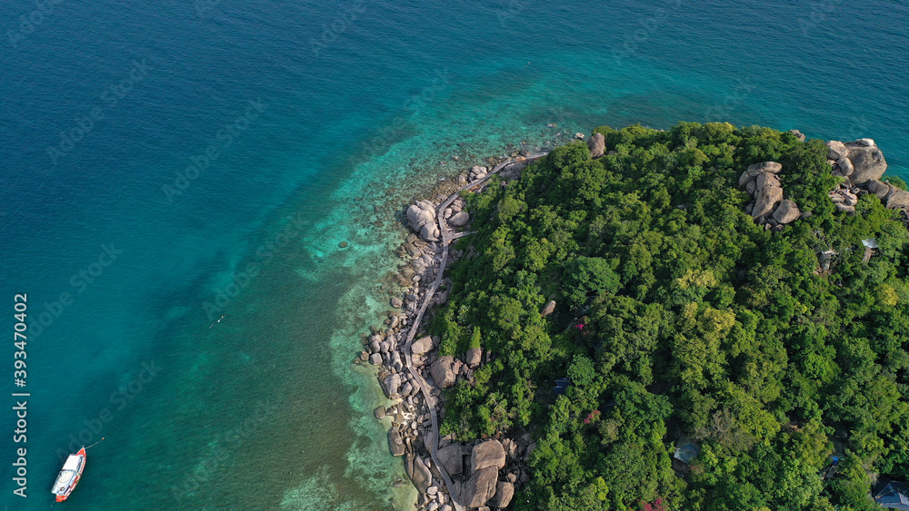 Aerial drone view over Koh Nang Yuan island near the paradise diving island of Koh Tao in the Gulf of Thailand