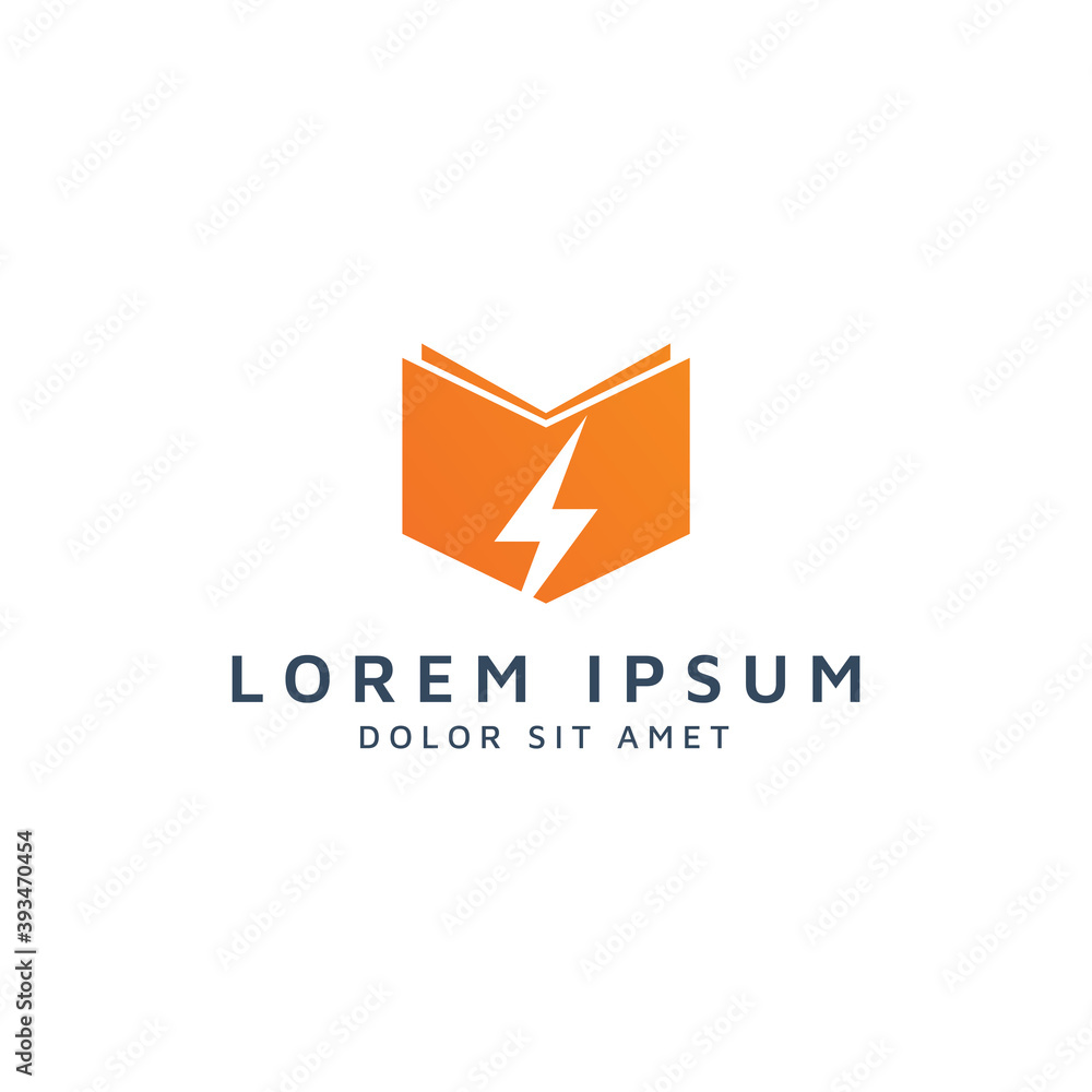 book and lightning negative space logo design book and lightning negative space logo design