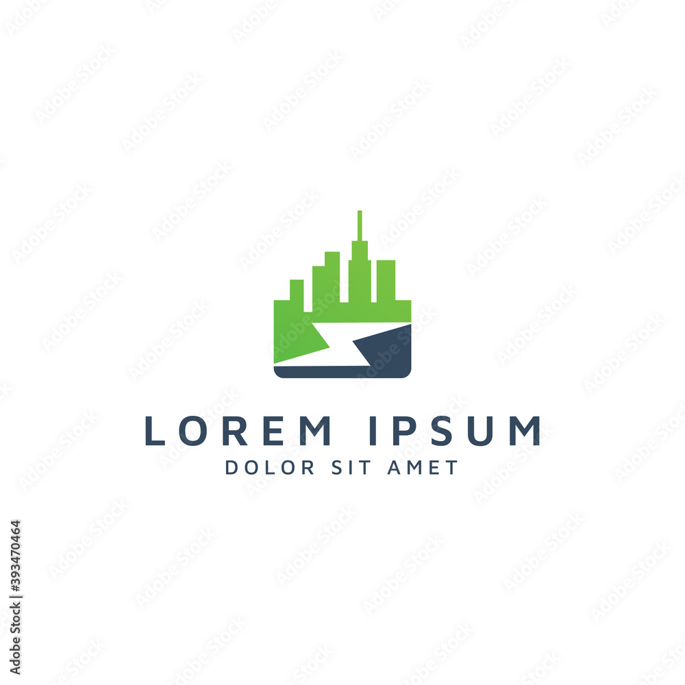 building and lightning negative space logo design building and lightning negative space logo design