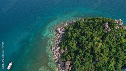 Aerial drone view over Koh Nang Yuan island near the paradise diving island of Koh Tao in the Gulf of Thailand