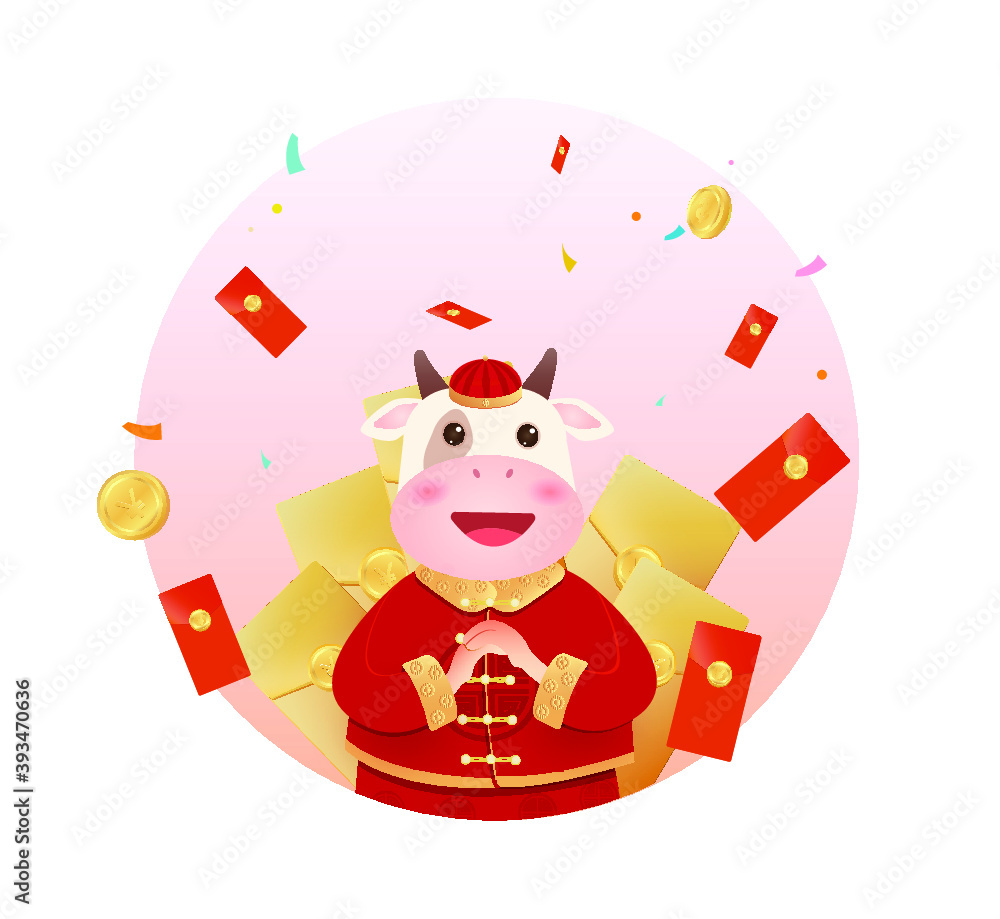 Naklejka premium Happy New Year red envelopes in the Year of the Ox. Send welfare lottery animation. Vector material