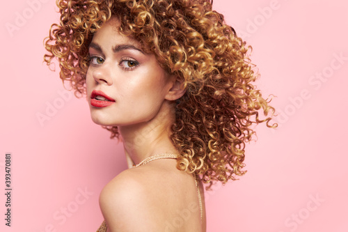 Woman portrait Attractive look red lips curly hair model charm 