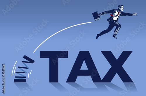 Businessman Jumping Over Tax Text Blue Collar Conceptual Illustration